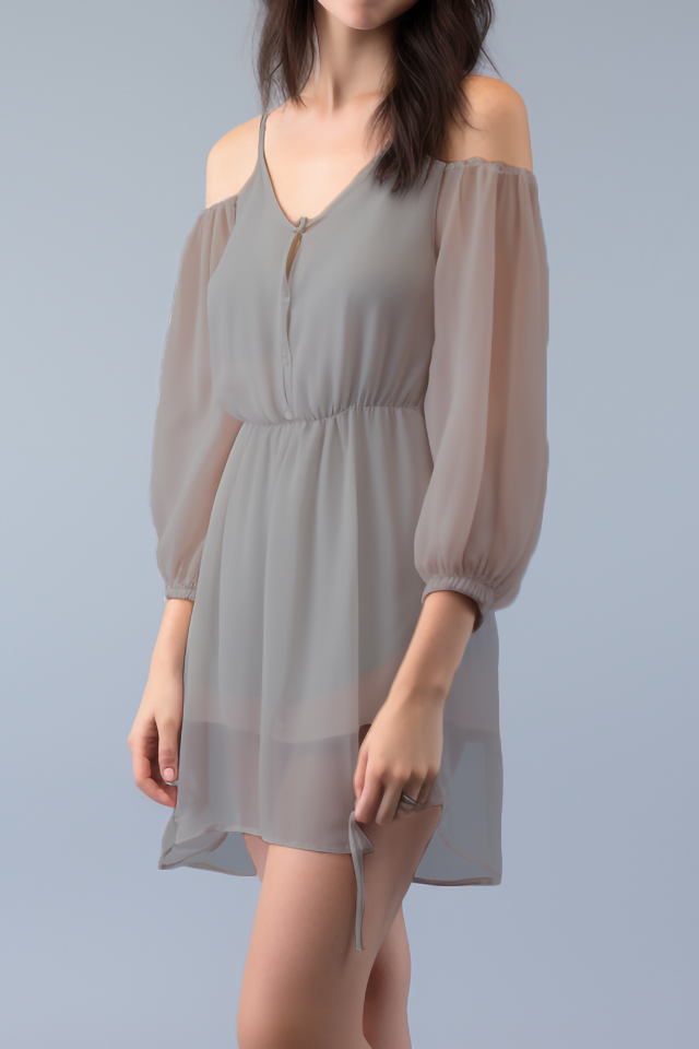 Amberkleurige chiffon mini-jurk met koude schouders