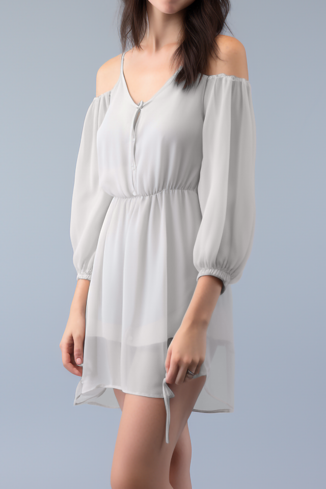 Amberkleurige chiffon mini-jurk met koude schouders