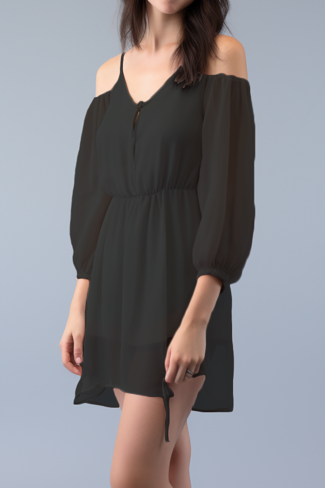 Amberkleurige chiffon mini-jurk met koude schouders