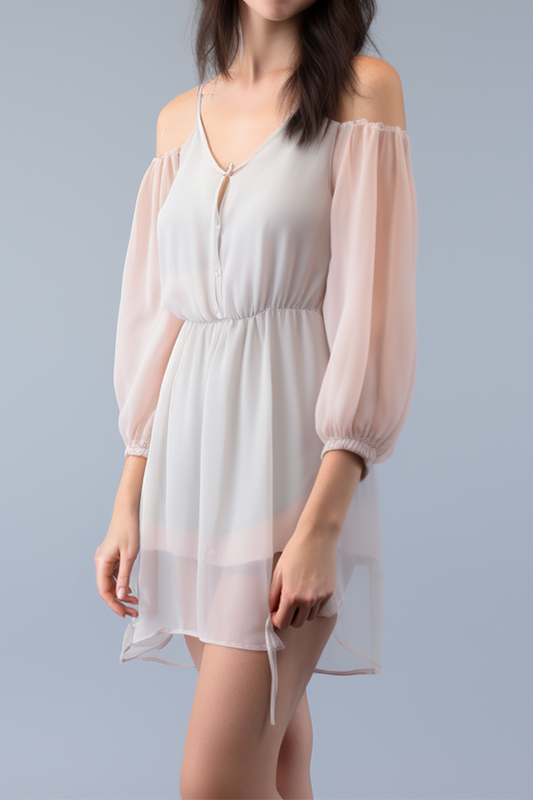 Amberkleurige chiffon mini-jurk met koude schouders
