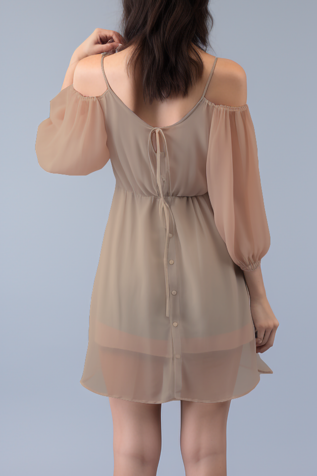 Amberkleurige chiffon mini-jurk met koude schouders